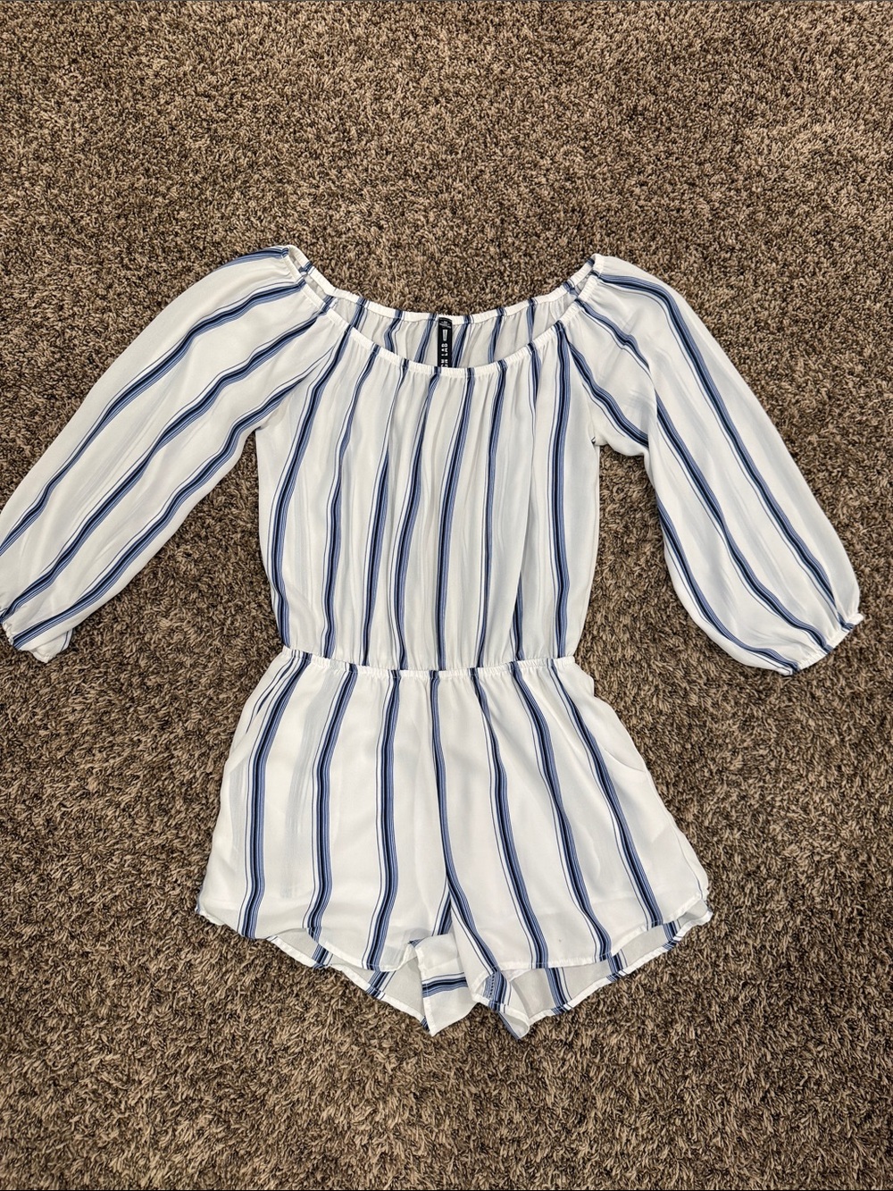 Design Lab Lord & Taylor White and Blue Striped Off-Shoulder Romper